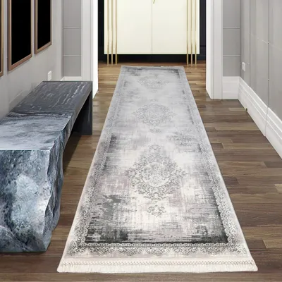 Produktbild von Abstrakter Wollteppich verziert mit Fransen in grau Größe - 80 x 300 cm