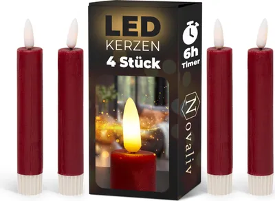 Produktbild von Stabkerzen LED mit Timer ROT 4 Stück indoor 6 Stunden - ECHTWACHS 15cm Höhe für Kerzen 2,2cm Durchmesser 2 AAA Batterien notwendig LED Stabkerzen flackernde Flamme bewegliche Flamme Licht