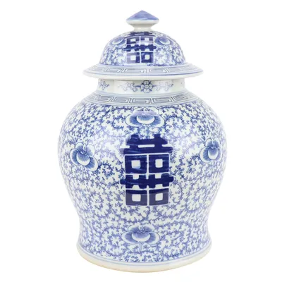 Image de Fine Asianliving Vase chinois avec couvercle Porcelaine peinte à la main Double bonheur Bleu Blanc D18xH24cm Vase décoratif Vase de fleurs Vase oriental en céramique Décoration Vase moderne Décoration de table Vase