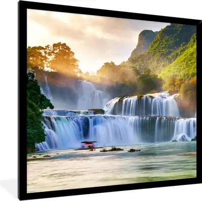 Produktbild von MuchoWow® Gerahmtes Poster Wasserfall - Pflanzen - Sonne - Wasser - Natur 40x40 cm - Poster mit Schwarzem Bilderrahmen Wandposter Rahmen Foto Bilder - Mit Rahmen - Wanddekoration Schlafzimmer