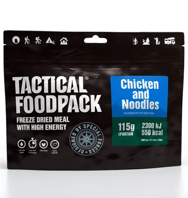 Obrázek produktu pro Tactical Foodpack Chicken and Noodles, 115 g, 10 min, Noodles (45%) (wheat, water, curcuma), chicken (15%), carrots, cream, coconut milk, mung bean..., 447 kcal, 550 kcal, 1997 kJ