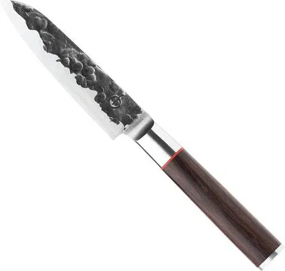 Zdjęcie produktu dla Nóż Santoku, 14 cm - ręcznie wykonany z japońskiej stali - unikalna faktura "hammerslag" - ergonomiczny design