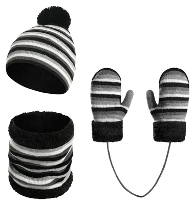 Produktbild von 3-teiliges Kinder-Set: Mütze, Schal und Handschuhe mit Streifenmuster, Anti-Verlust-Seil, warm, atmungsaktiv, Winterausrüstung