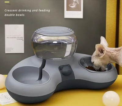 Produktbild von Famanu Futter- und Trinkschale für Katzen mit automatischer Wasserfontäne - 39x16x20 cm