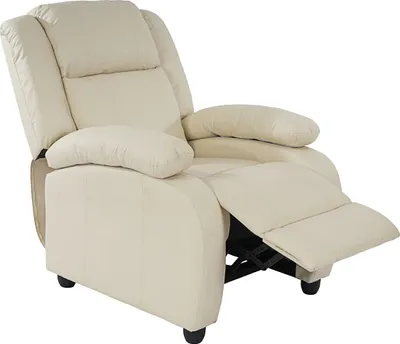 A cream-colored recliner chair is shown from a side-front angle against a white background. The chair's footrest is extended.