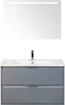 Produktbild von Sanox Badmöbel-Set Porto BxHxT 91 x 170 x 51 cm Frontfarbe eisgrün mit Waschtisch Keramik weiß, Spiegel mit LED-Beleucht