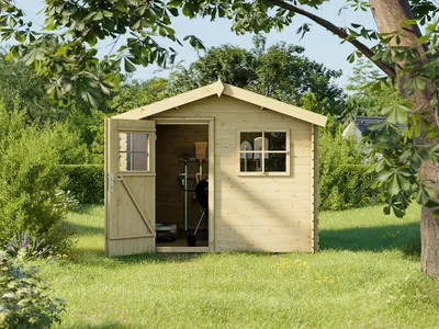 Produktbild von WOODTEX Naturbelassen 244 x 184 cm Gartenhaus Blockbohlenhaus, Gartenhaus aus Fichte, Satteldach mit Dachpappe, 19 mm Wandstärke, mit Fenster und Doppeltür, Grundfläche 4 3 m²