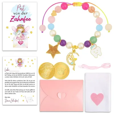 Produktbild von Zahnfee Geschenkset 7 Stück mit Münze, Armband und Herzbeutel zur Milchzahn Aufbewahrung