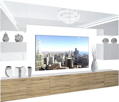 Produktbild von BELINI Wohnwand Vollausstattung Wohnzimmer-Set Moderne Schrankwand mit LED-Beleuchtung Weiß Glänzend Anbauwand TV-Schrank Weiß / Sonoma Eiche Glänzend/Matt