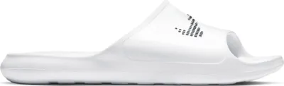 A white slide sandal with a black logo on a white background.