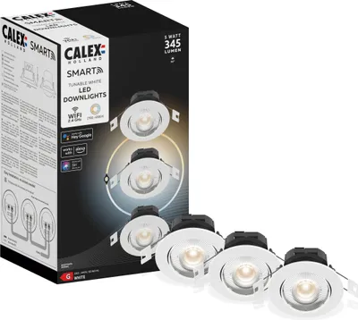Produktbild von Calex Smart LED Einbaustrahler, Weiß, neigbar, RGB-Farben & kalt- bis warmweiß Licht, dimmbar, WLAN App- & Sprachsteuerung, 3er Pack