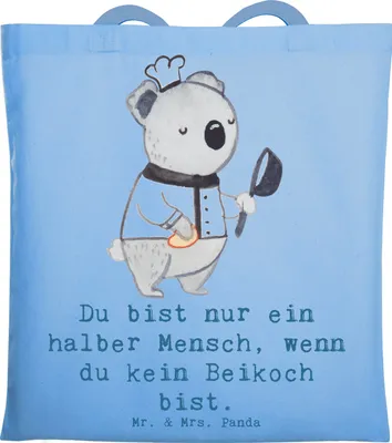 Produktbild von Mr. & Mrs. Panda Tote Bag Beikoch Herz - Sky Blue - Geschenk, Gastronomie, Spruch, Restaurant, dokumententasche, Jutebeutel, Koch, Stoffbeutel, Tasche, Schultasche
