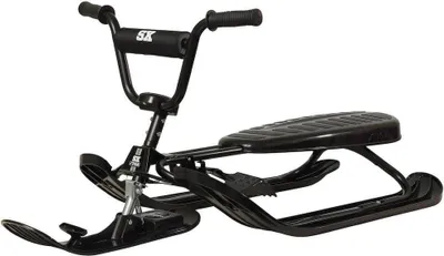 A black snow racer with handlebars and a seat, shown against a white background.