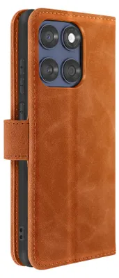 A close-up side view of a brown leather flip phone case with a camera module visible.