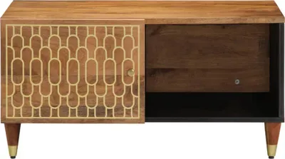 A wooden cabinet with a decorative door and an open compartment, shown against a white background.