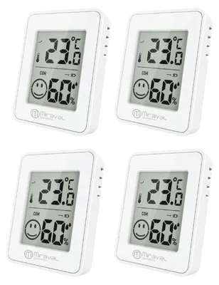 Produktbild von 4x Schimmelwarner Weiß– Digital Hygrometer & Thermometer, Komfortanzeige mit Smileys, Magnet & Standfuß, °C/°F Anzeige kompakt