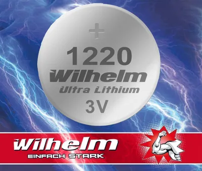 A close-up of a button cell battery with lightning effects in the background and a logo at the bottom.