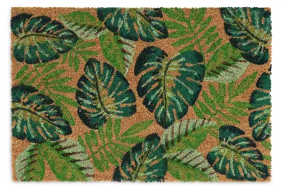 Image de Tapis d'entrée Relaxdays en fibre de coco, motif feuilles, 60 x 40 cm, antidérapant, résistant aux intempéries, pour l'intérieur et l'extérieur, multicolore