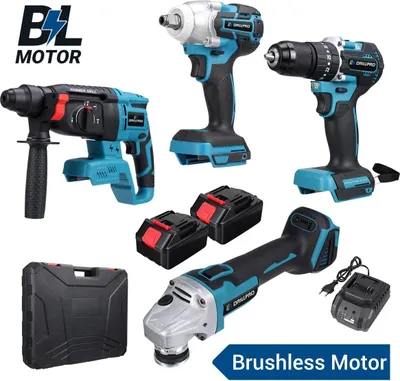 Produktbild von 4-teiliges Akku-Werkzeug Set - Schlagschrauber, Winkelschleifer, Bohrhammer, Bohrmaschine - 18 V - Bürstenloser Motor - Akku Inklusive - 26 mm Bohrdurchmesser