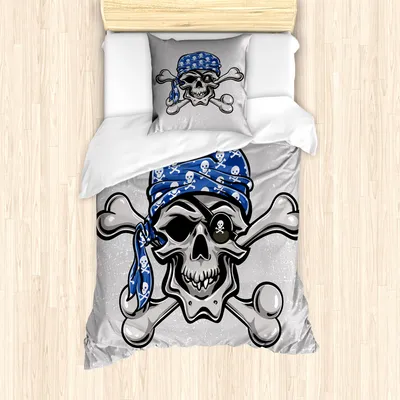 Produktbild von ABAKUHAUS Schädel Mantele, Pirate Schlechter Kopf Knochen, Milbensicher Allergiker geeignet mit Kissenbezügen, 135 cm x 200 cm - 80 x 80 cm, Blau, Grau, Schwarz