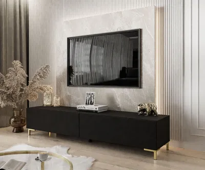 Produktbild von TV-Schrank COLETTE IV 175 cm Schwarz / Schwarz matt mit LED-Beleuchtung, Beine: Gold