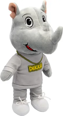 A plush toy rhino standing on a white background.