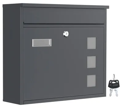 Produktbild von Wiltec Briefkasten V12 Anthrazit 360 x 115 x 320 mm, Wandbriefkasten mit Schloss, Sichtfenstern und Namensschild, Postkasten aus Stahl galvanisiert