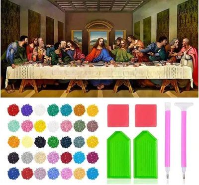 A collage featuring Leonardo da Vinci's 'The Last Supper' painting at the top, and below it, a collection of colorful diamond painting beads, trays, and tools.