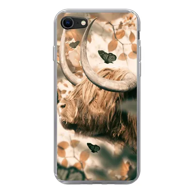 Produktbild von MuchoWow® Handyhülle Schutzhülle Hülle für iPhone SE 2022 Schottische Highlander - Schmetterlinge - Blätter Silikon Softcase Handy Hülle - Schutzhülle