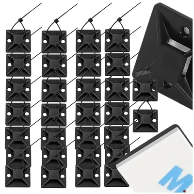 Zdjęcie produktu dla Samoprzylepne uchwyty do opasek kablowych 40 x 40 mm, organizer do kabli, 30 sztuk