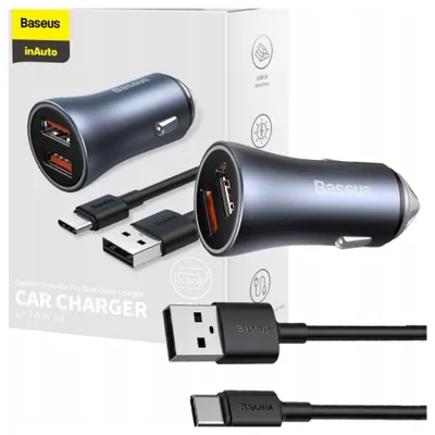 Obrázok produktu pre Baseus Golden Contactor Pro rýchlonabíjačka do auta 2x USB 40 W Quick Charge SCP FCP AFC + USB kábel - USB typ C sivá (TZCCJD-A0G)