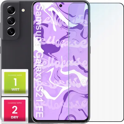 A smartphone with a screen protector and cleaning wipes.