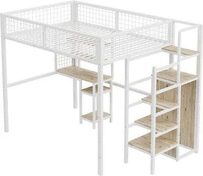 Produktbild von Hochbett 140 x200 Kinderbett (Ohne Matratze) Weiß Eisenbett Doppelbett Mit Sicherheitsleiter Mit Eisenrahmen Kleiderschrank und Computertisch