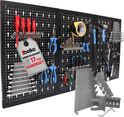 Produktbild von Belko® Werkzeugwand Grau 120x60 cm | Metall Pegboard mit 17-teiligem Haken & Regal | Werkstatt, Garage, Keller