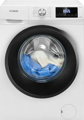 A front view of a white washing machine with a black drum, showing laundry inside.