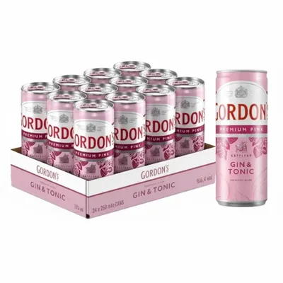 Produktbild von Gordon’s Premium Pink Gin & Tonic 24 x 0,25L – Erfrischender Himbeer Gin Tonic Drink mit Fruchtigem Pink Aroma in Praktischen Dosen