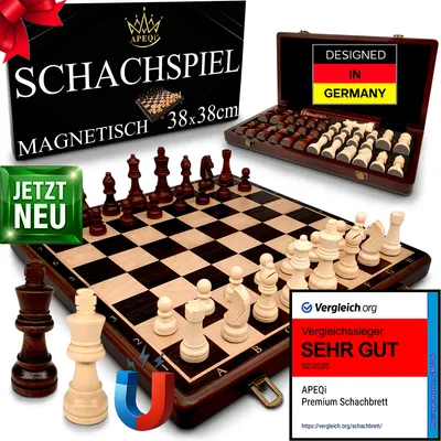 Produktbild von APEQi® Premium Schach MAGNETISCH - Schachspiel Holz hochwertig [38x38cm], Massivholz, 2 Extra-Damen, Geschenkidee - klappbares Schachbrett aus Holz