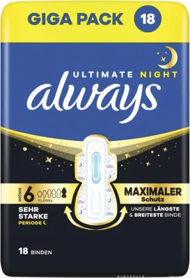 Produktbild von Always Damenbinden Ultimate Night (Größe 6) Mit Flügeln 54 Stück, Super Saugfähig,