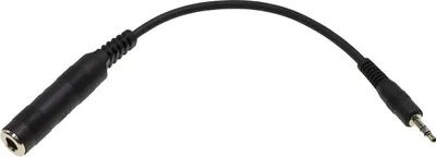 A black audio adapter cable with a 3.5mm male plug on one end and a 6.3mm female jack on the other, isolated on a white background.