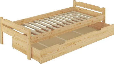Produktbild von Einzelbett Bettrahmen Kiefer natur 80x200 Massivholzbett Zubehör wählbar V-60.31-08Rollrost und Bettkasten inkl.