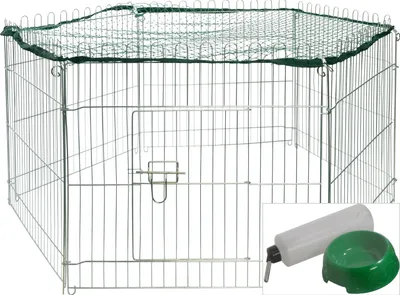 Produktbild von dobar Freilaufgehege 6-teilig mit Nylon Netz Trinkflasche und Futternapf, wetterfestes Gehege für Kaninchen, Hasen, Meerschweinchen und Nager, Kaninchengehege 112 x 98 x 56 cm, silber