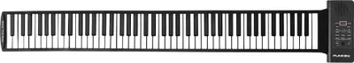 A top-down view of a black roll-up piano with white keys, laid out flat on a white background. The right end of the piano has a control panel with buttons and a small screen.