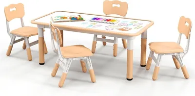 Immagine prodotto di Set tavolo per bambini con 4 sedie con piano in graffiti Dinette per bambini regolabile in altezza colore naturale