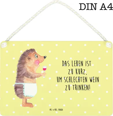 Produktbild von Mr. & Mrs. Panda Deko Schild Igel Wein DIN A4 - Gelb Pastell - Geschenk, Holzschild, Weißwein, Wandbild Holz, holzbild, Türschild, Rotwein, Spruch, kleine aufmerksamkeit