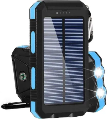 Produktbild von Solar Powerbank, 30000mAh Solar Powerbank Panel Ladegerät Tragbar Externe Batterie Ladegerät Akku 2x USB mit Solarpanel und Taschenlampenfunktion, Karabiner und eingebauter Kompass