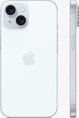A white iPhone 15 is shown from the back and side view against a white background.