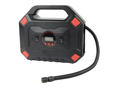 A black and red 12V air compressor with a digital display and hose.