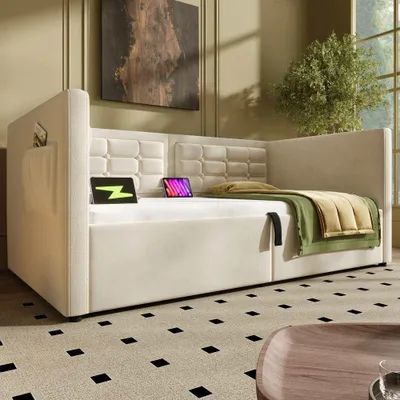 Produktbild von Beiges Schlafsofa aus Samt mit Hydraulik-Stauraum und USB/Type-C-Anschluss, Gästebett mit Holzlattenrost, ohne Matratze, Polsterbett 90x200 cm