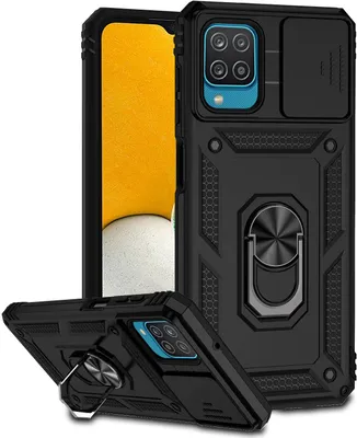 Image de Étui pour Samsung Galaxy A12 étui double couche avec couvercle coulissant pour appareil photo et anneau de support noir