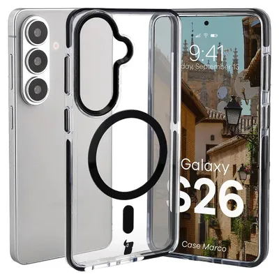 Produktbild von Handyhülle mit Magnetring für Galaxy S26, Bizon Case Marco, Transparent mit schwarzem Rahmen